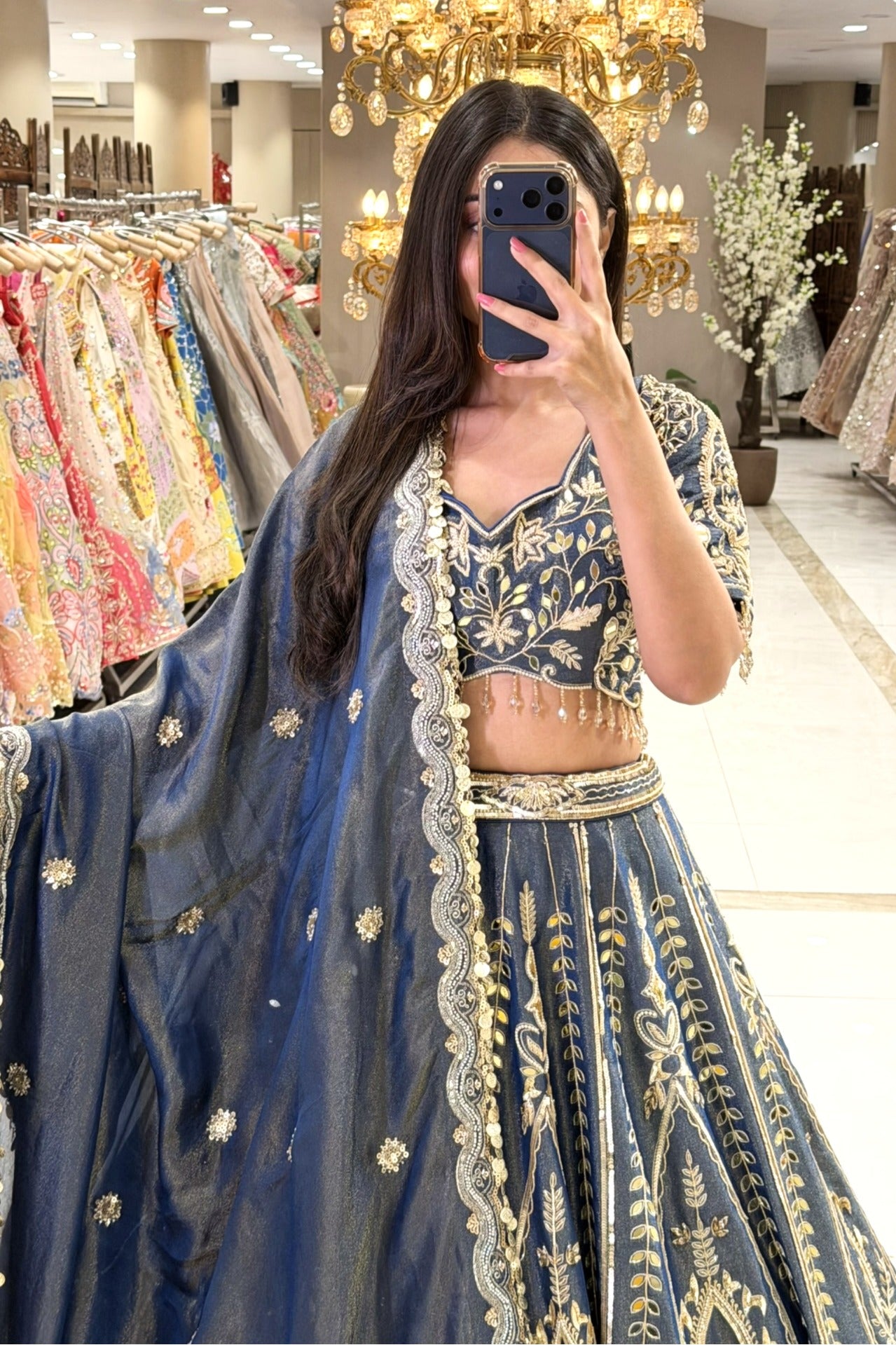 Full length navy blue zardozi lehenga with gold border and tissue dupatta – Urban Dulhaniya Pune