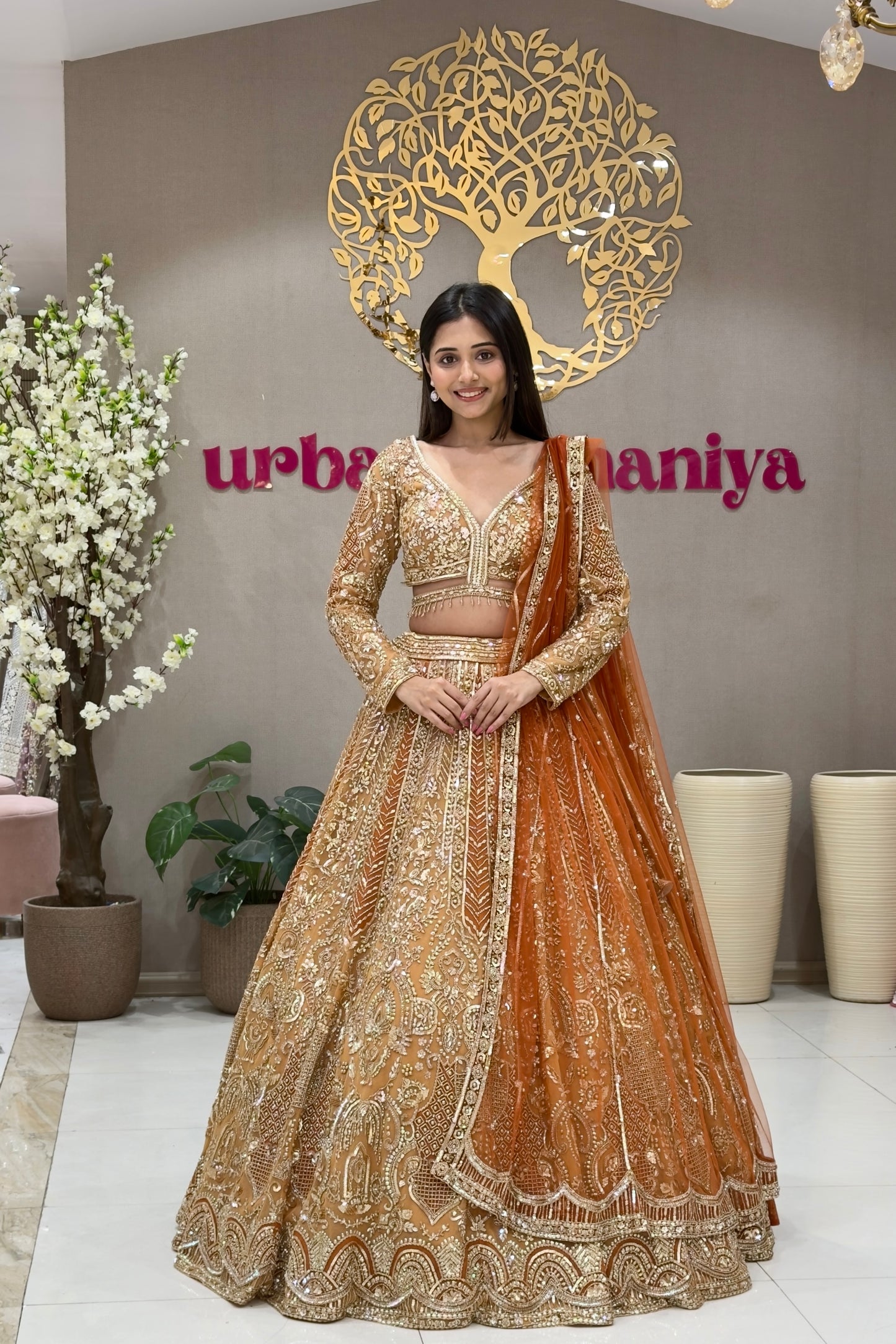 Rust Gold Heavy Zardozi Bridal Lehenga with Full Sleeve Blouse, Crystal Tassels and Net Dupatta