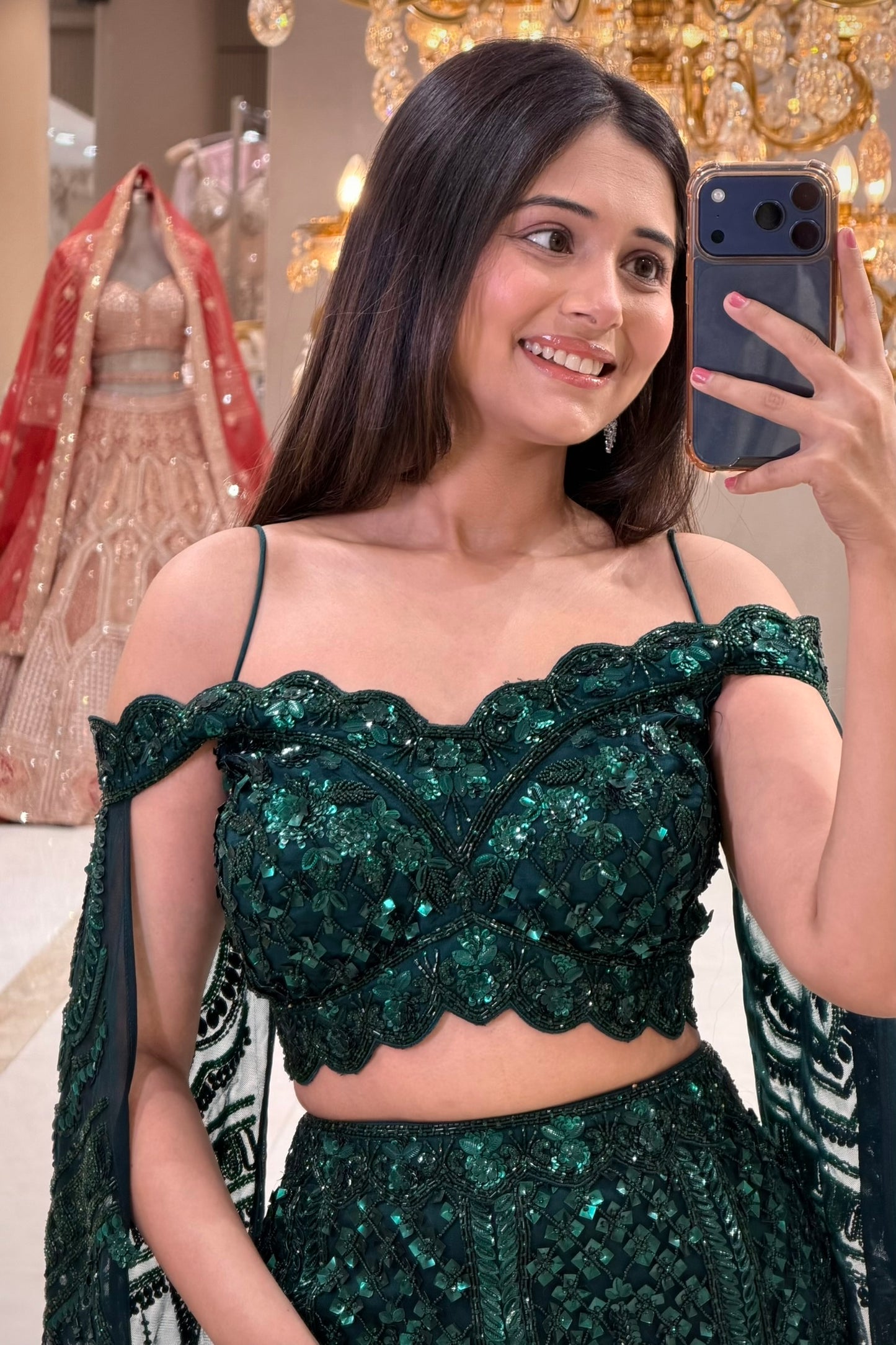 Emerald Green Heavy Sequin Mermaid Lehenga with Off-Shoulder Blouse and Cape Dupatta