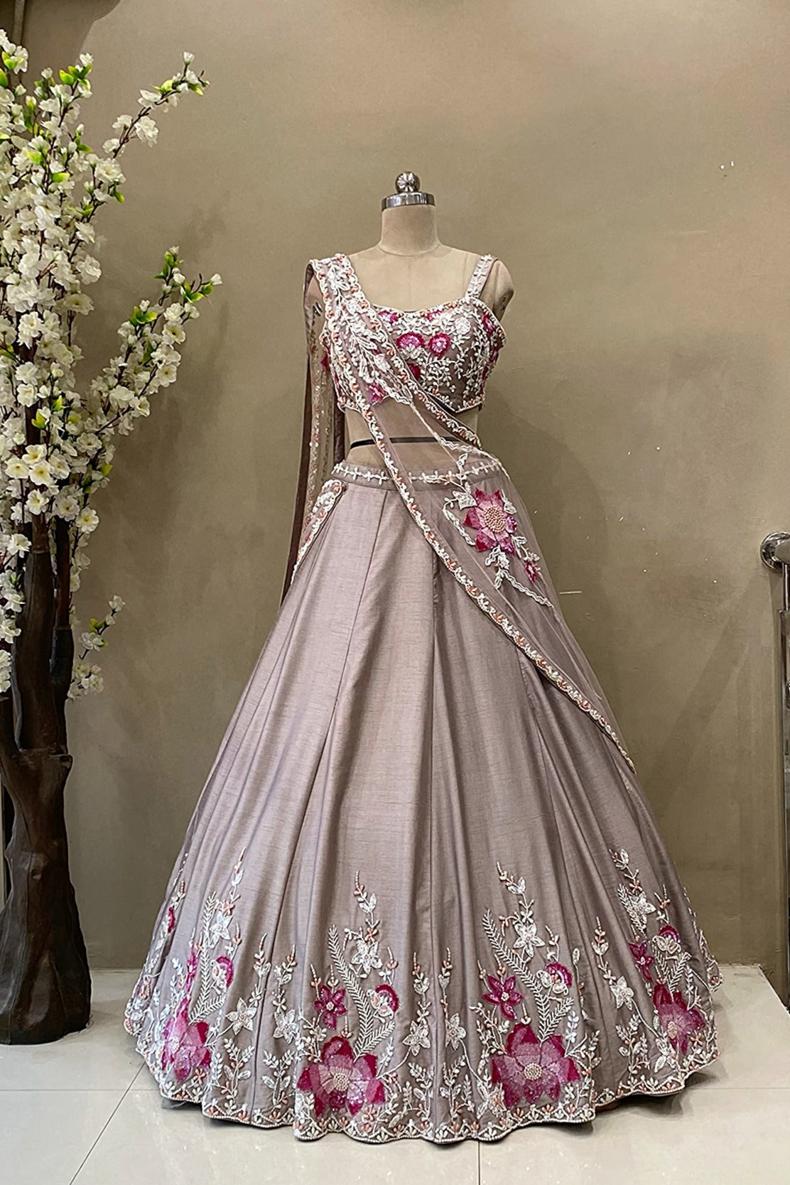 Mauve Hand-Embroidered Silk Lehenga with Pink Floral Poath Moti & Cut Dana Work