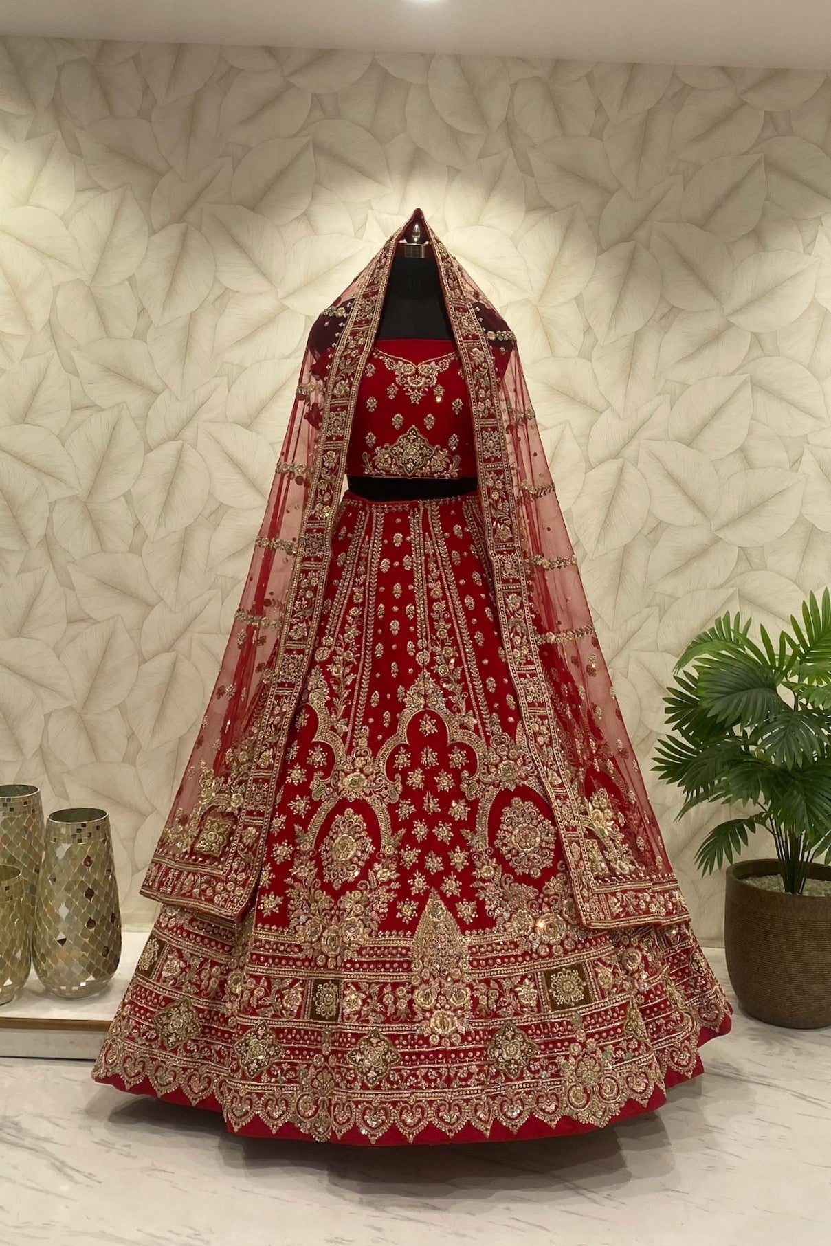 Red pure zardoshi bridal lehenga with jaal dupatta