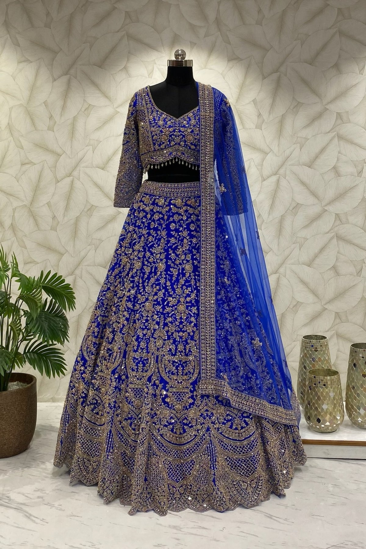 Electric Blue Lehenga in complete fabrication work