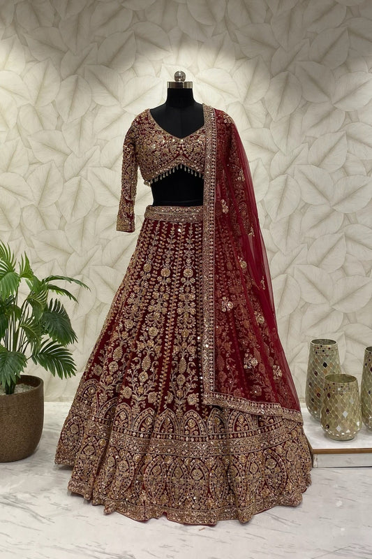 Dark Maroon Lehenga in complete fabrication work
