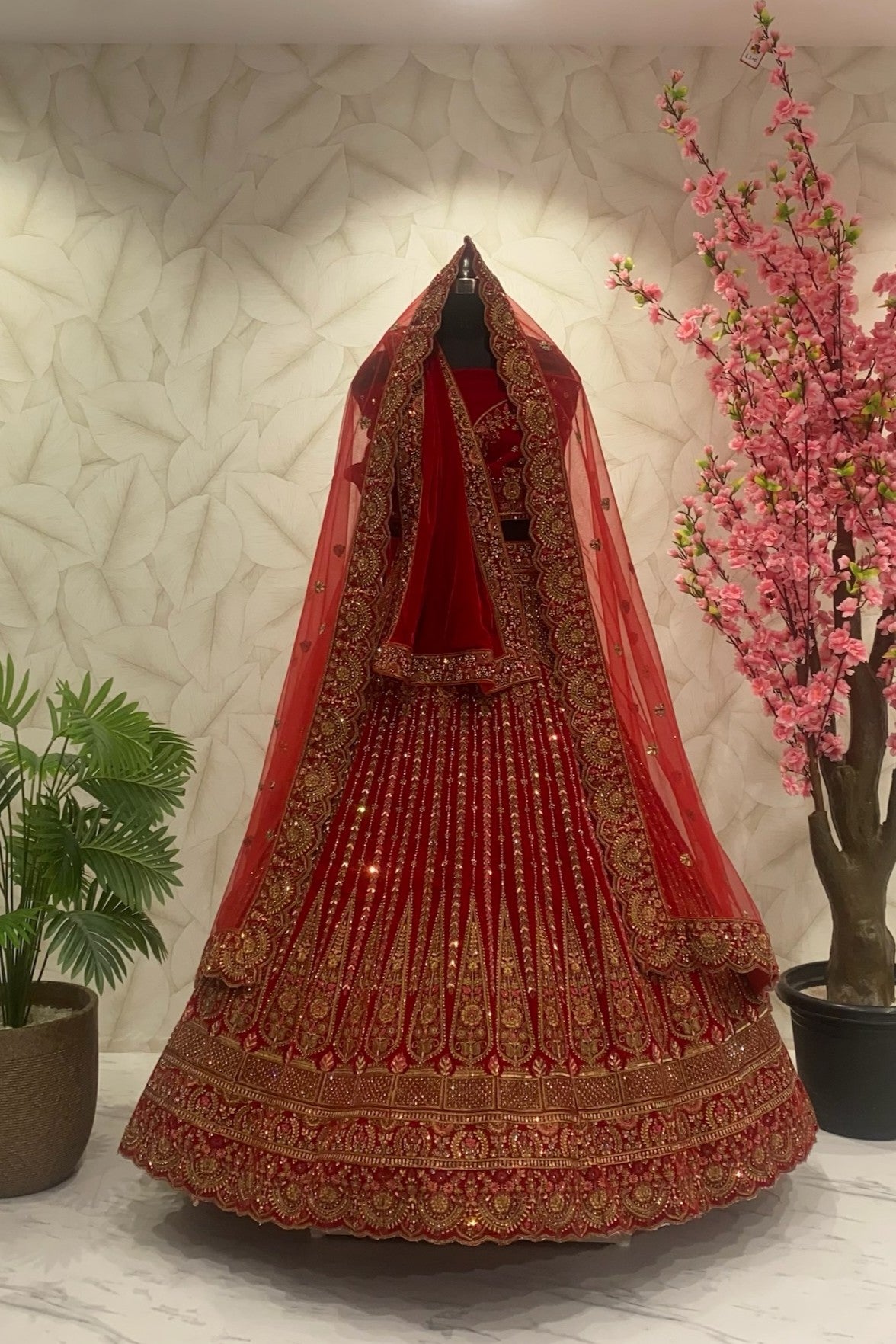 Red Leela Bridal Designer Lehenga with double dupatta and size customisation option available