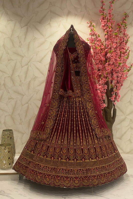 Maroon Leela Bridal Designer Lehenga with double dupatta and size customisation option available