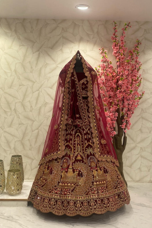 Maroon Bridal Lehenga with big peacock Motif design with double dupatta
