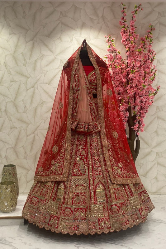 Red Bridal Designer Lehenga with double dupatta and size customisation option available