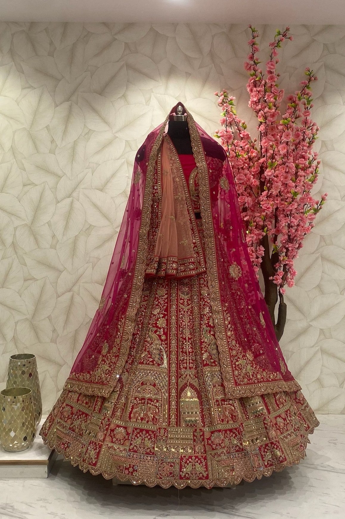 Rani Bridal Designer Lehenga with double dupatta and size customisation option available