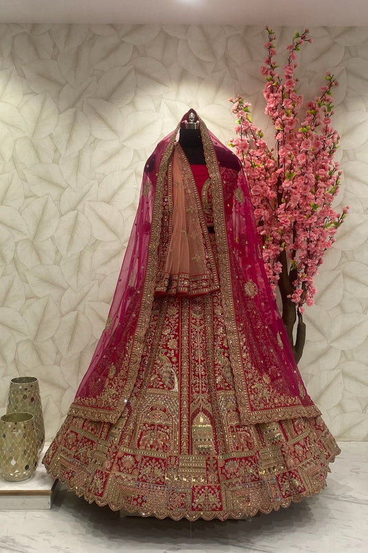 Rani Bridal Designer Lehenga with double dupatta and size customisation option available