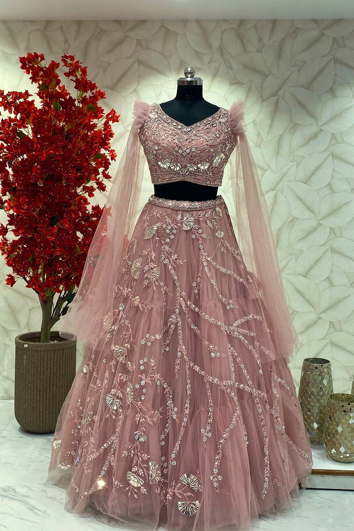Pink lehenga with embroidery work for bridesmaid