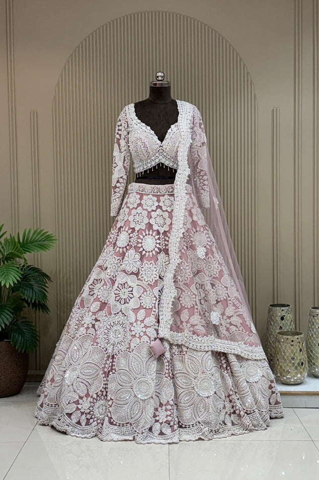 Mauve Lavender Pearl-Work & Cutdana Luxury Lehenga | Contemporary Surahi Hand-Embroidery Couture