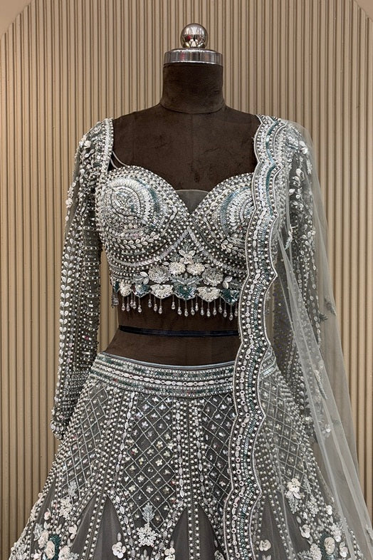 Pewter Grey Hand-Embellished Luxury Bridal Lehenga | Silver Zardozi & Cutdana Couture