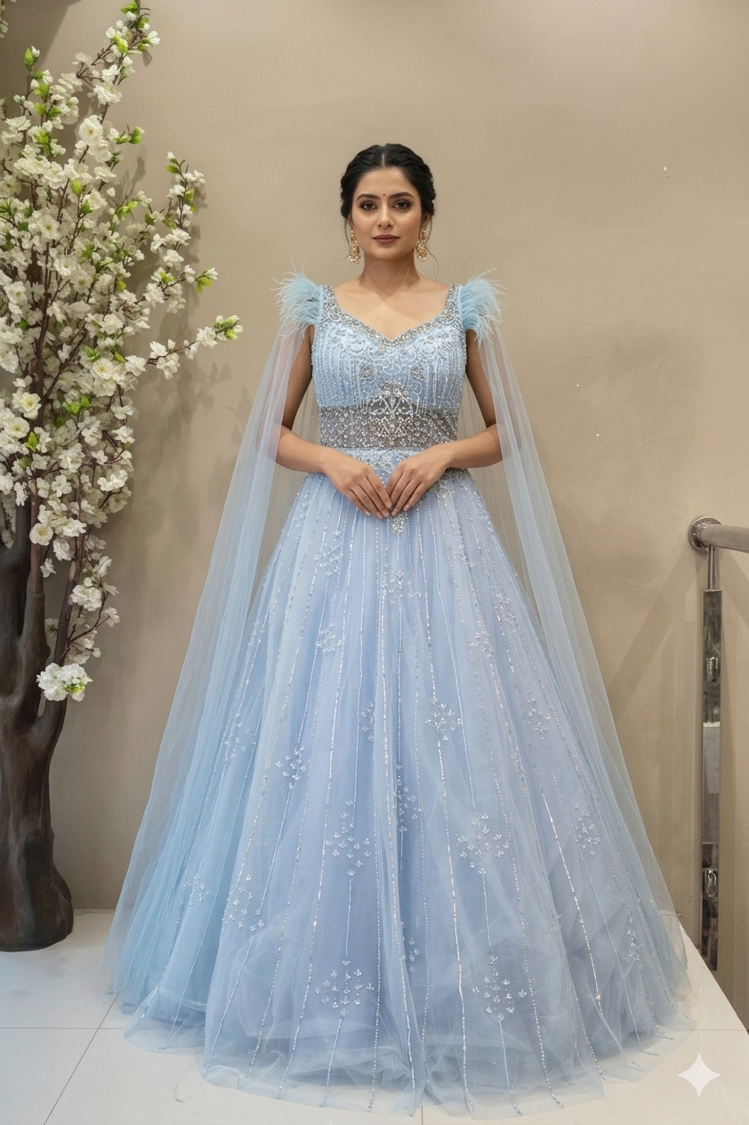 model wearing beautfil designer wedding gown which can be customised to any colour and size as per your choice. 