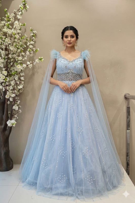 model wearing beautfil designer wedding gown which can be customised to any colour and size as per your choice. 