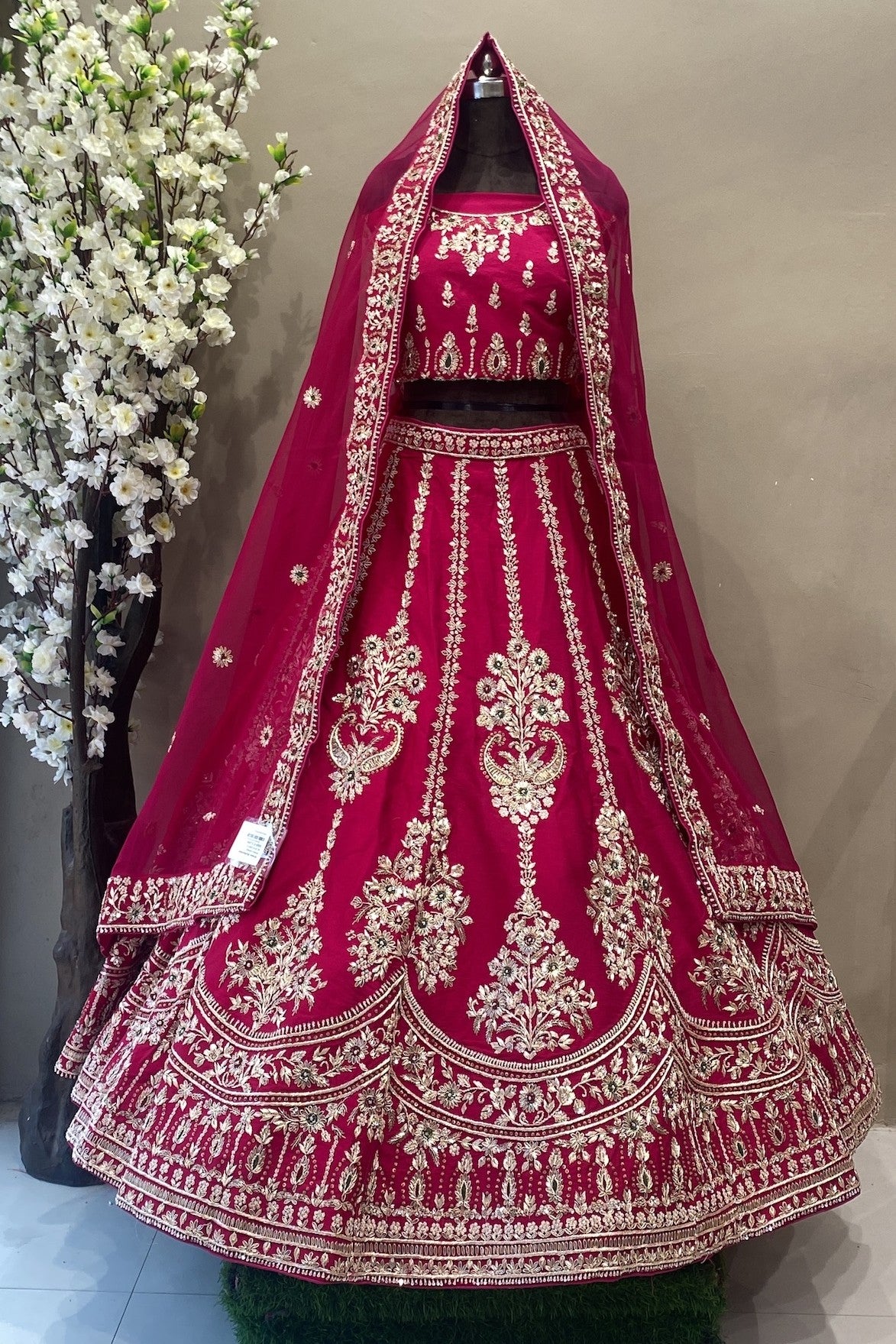Coral pink zardoshi work bridal lehenga in semi stitched design with organza dupatta