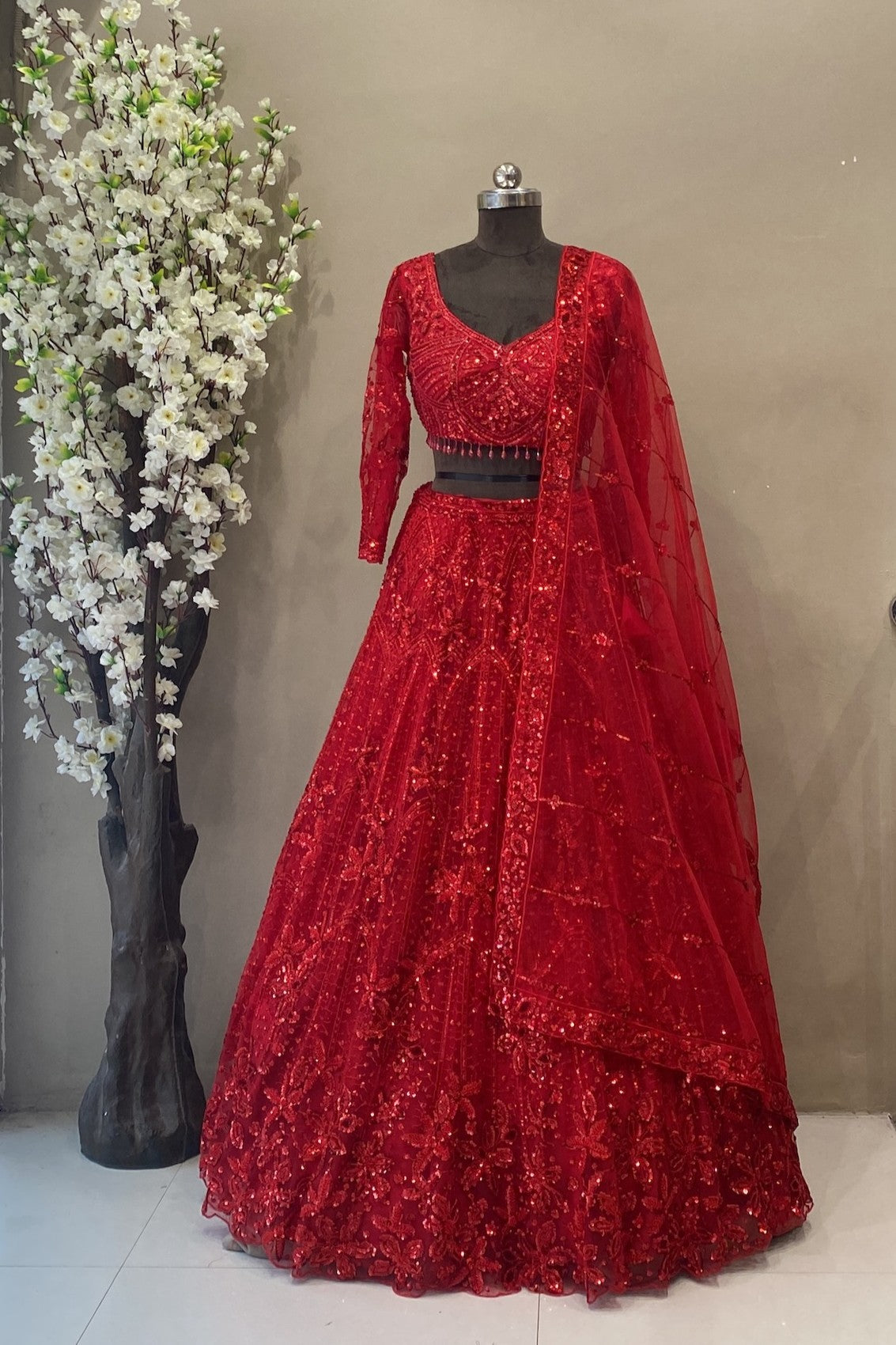 Blood Red Lehenga Design with beads and sequin work