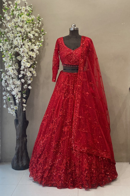 Blood Red Lehenga Design with beads and sequin work