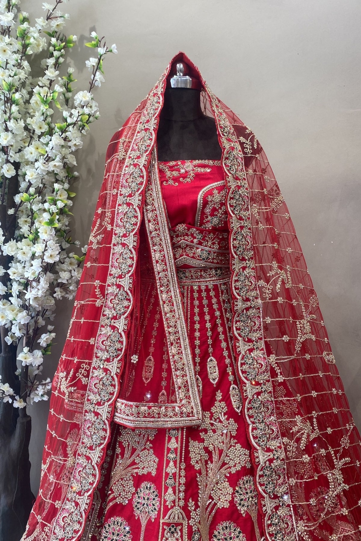 Bridal lehenga Designer piece in hot red colour