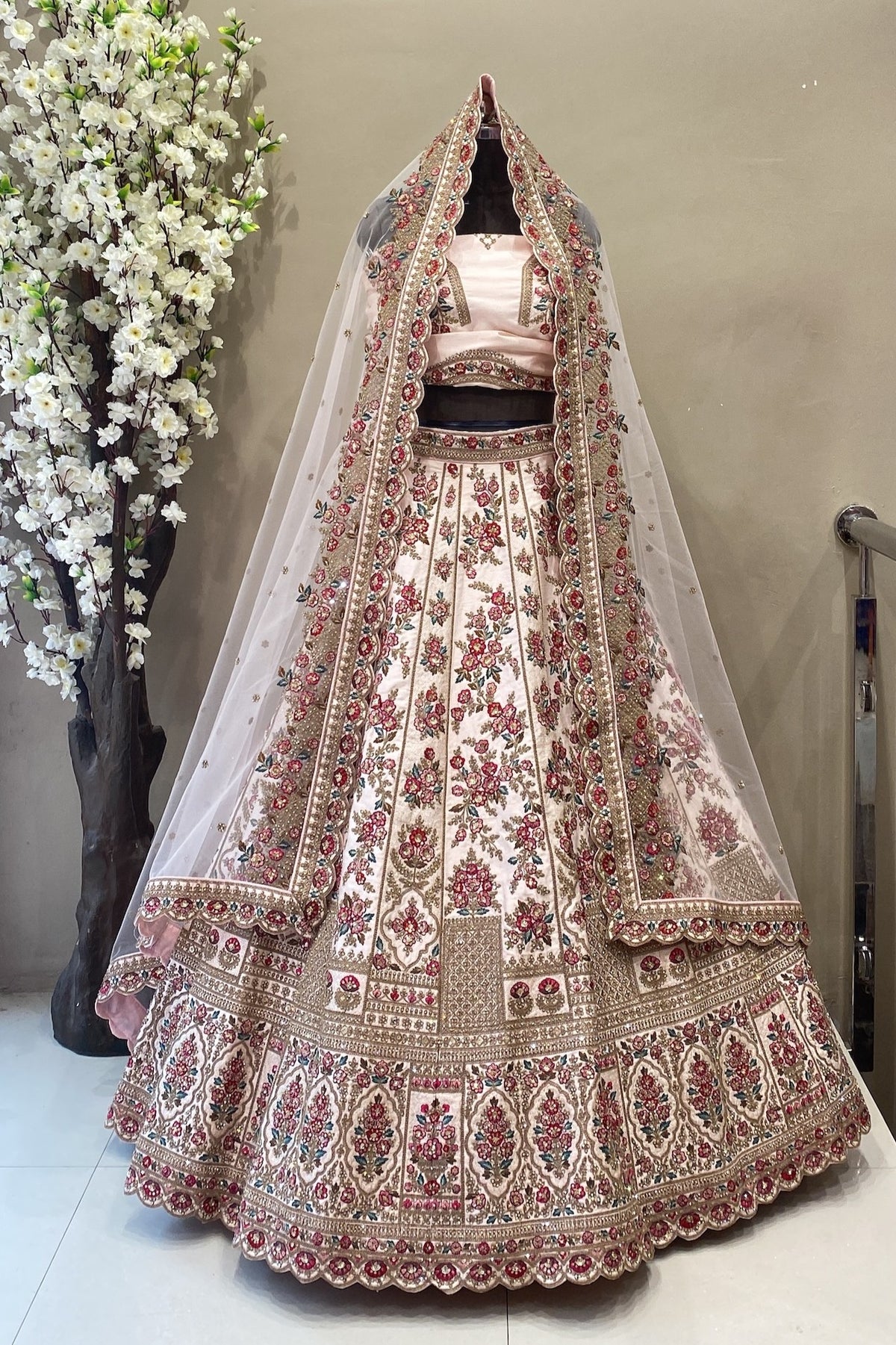 Light Baby Pink Bridal Lehenga with Floral Design & Heavy Border Work | Romantic Wedding