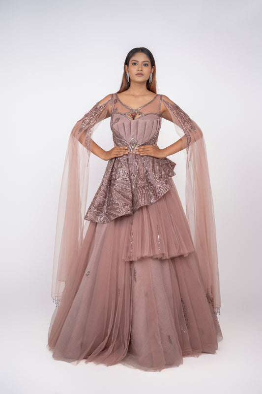 Modern bride wearing a unique designer lavender bridal gown for reception