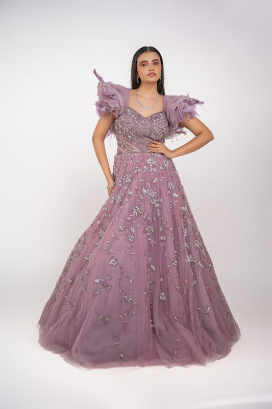 Front view of designer handwork Indo-Western gown with large statement ruffle shoulders by Urban Dulhaniya.