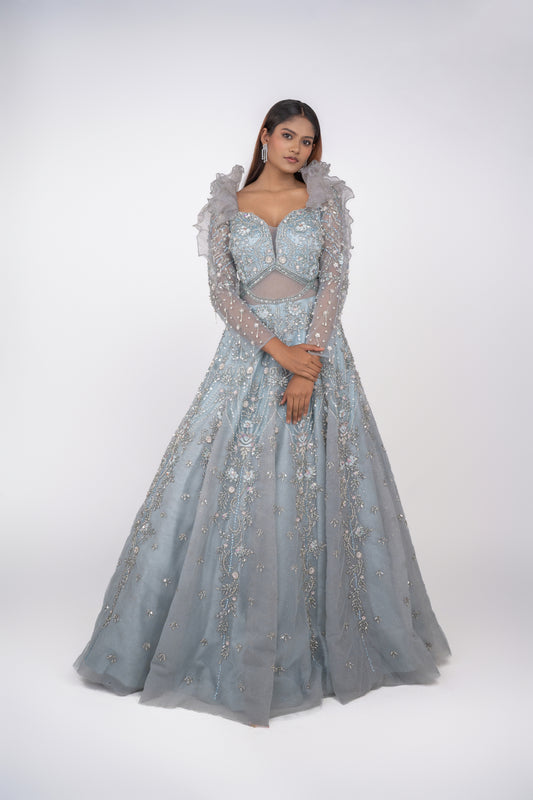 Designer Heavy Sequin Net Gown with Ruffle Shoulders