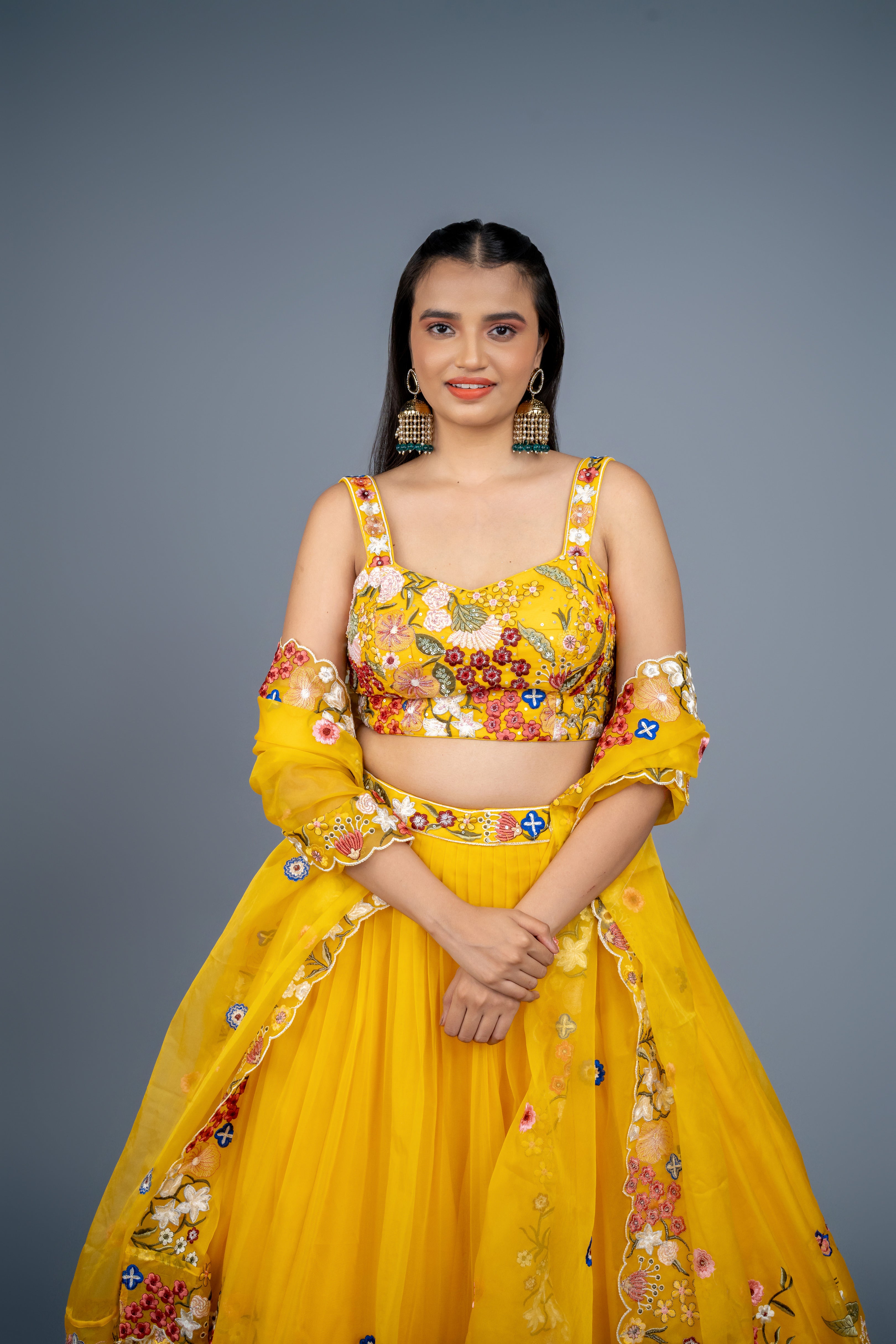 mustard multi colour floral lehenga best for haldi and mehandi