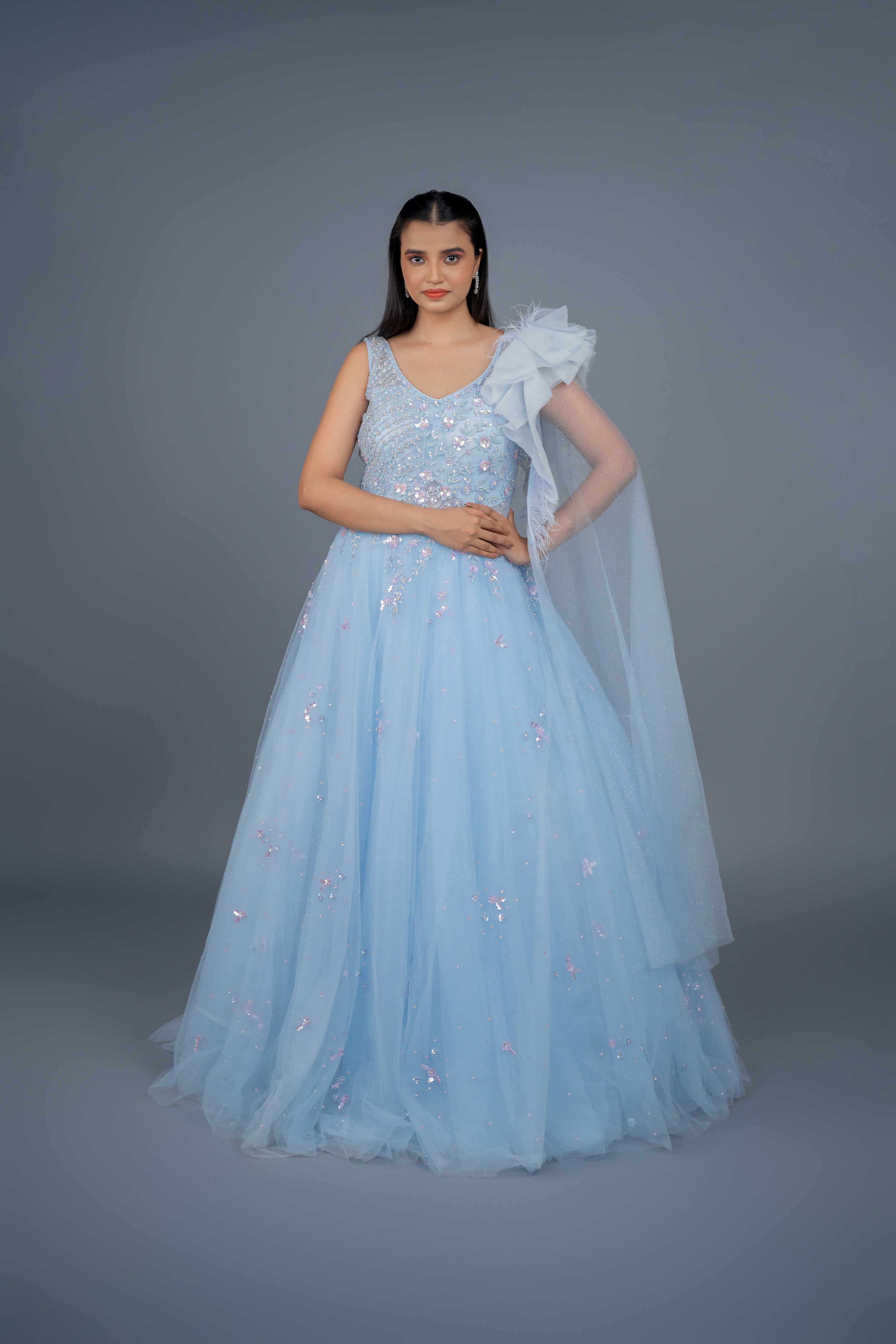 Designer Sky Blue Ruffle Gown | Deep V-Neck
