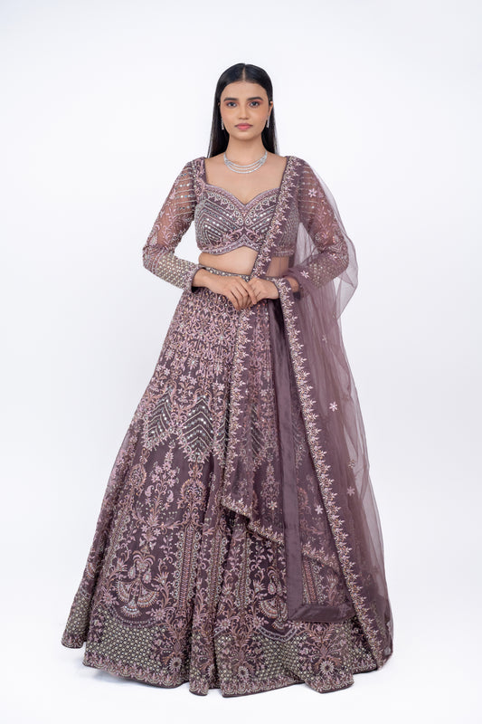 Front view of designer light coffee brown threadwork lehenga with full sleeves by Urban Dulhaniya.