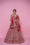 red silk fabric zardoshi lehenga.