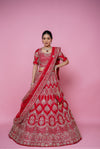 red silk fabric zardoshi lehenga.