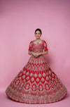 red silk fabric zardoshi lehenga.