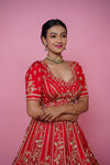 Classic Red Silk Designer Bridal Lehenga with Zarkan, Cutdana and Pearl Handwork