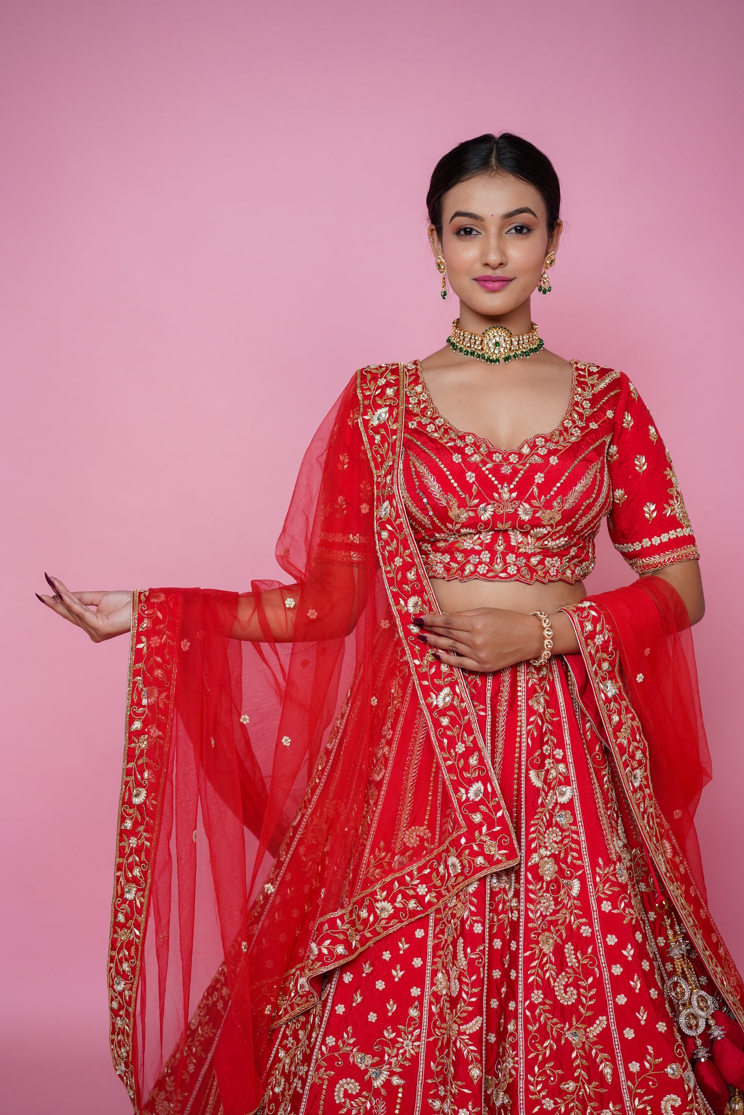 Classic Red Silk Designer Bridal Lehenga with Zarkan, Cutdana and Pearl Handwork