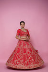 Full 5 meter flair of classic red silk wedding lehenga by Urban Dulhaniya