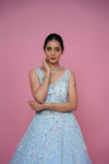 bridal gown in sky colour with handwork and colour cusotmisation option available.