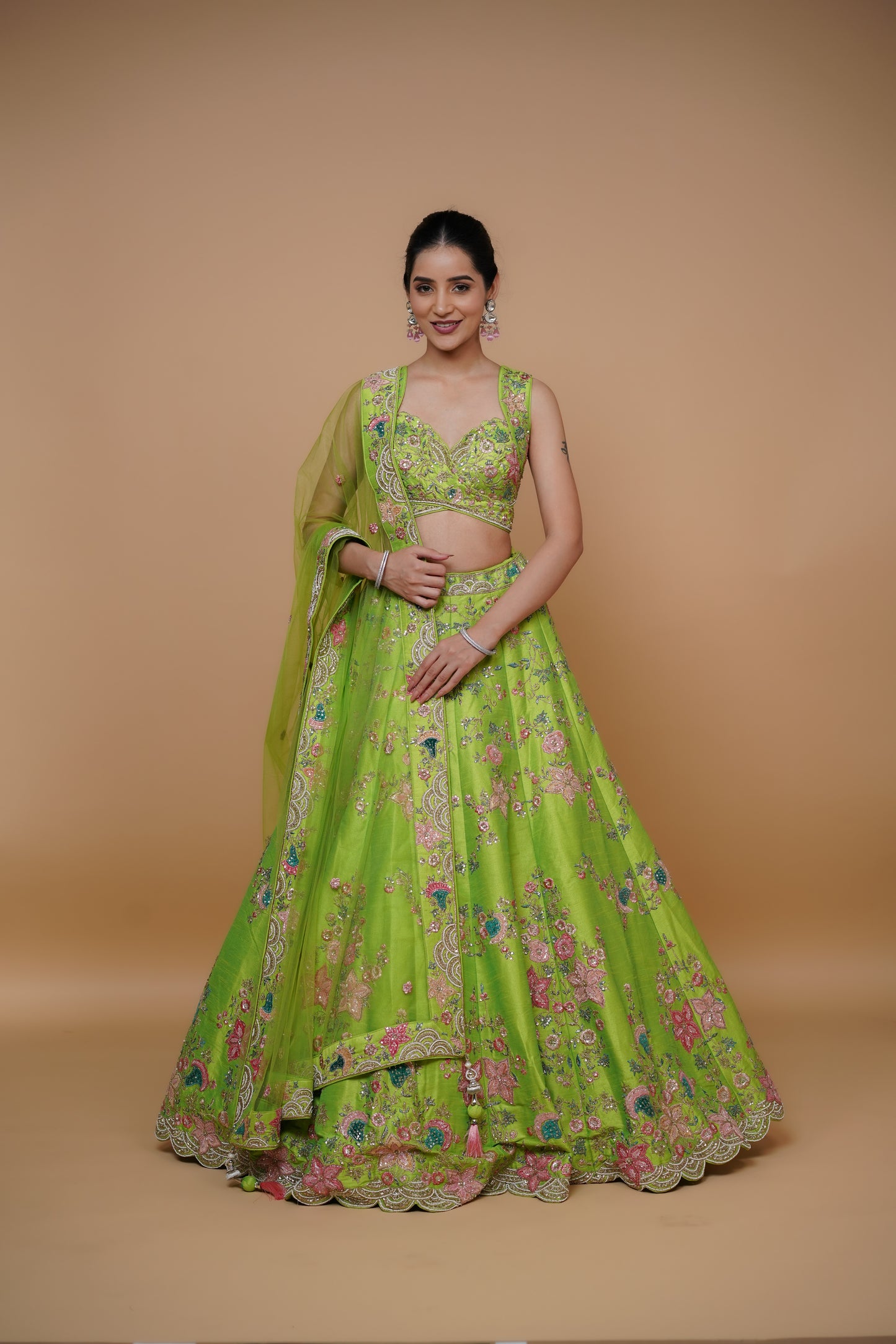 sangeet lehenga design in fluroscent green colour