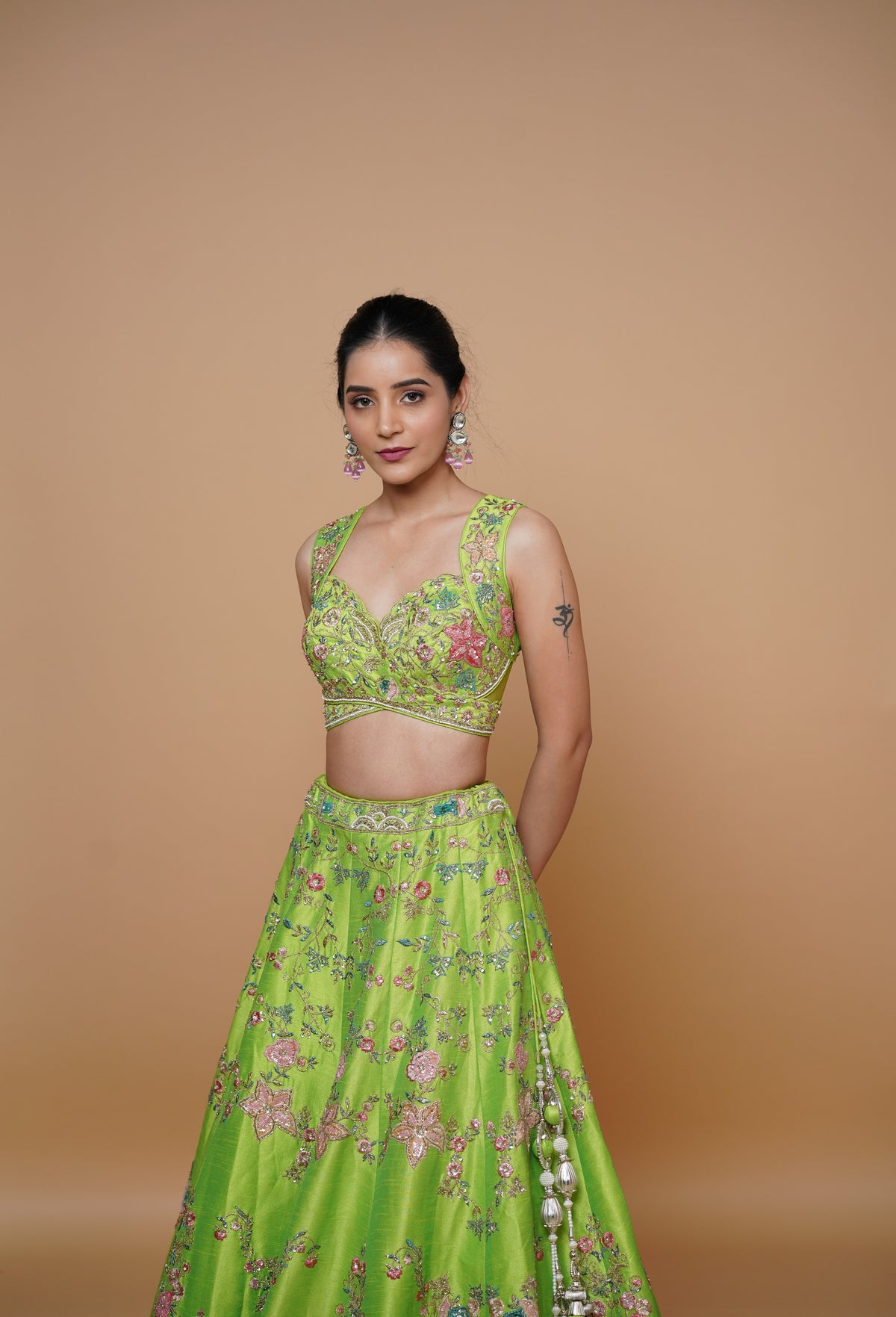 sangeet lehenga design in fluroscent green colour