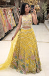 Full length mustard yellow lehenga set with multicolour floral hem and net dupatta – Urban Dulhaniya