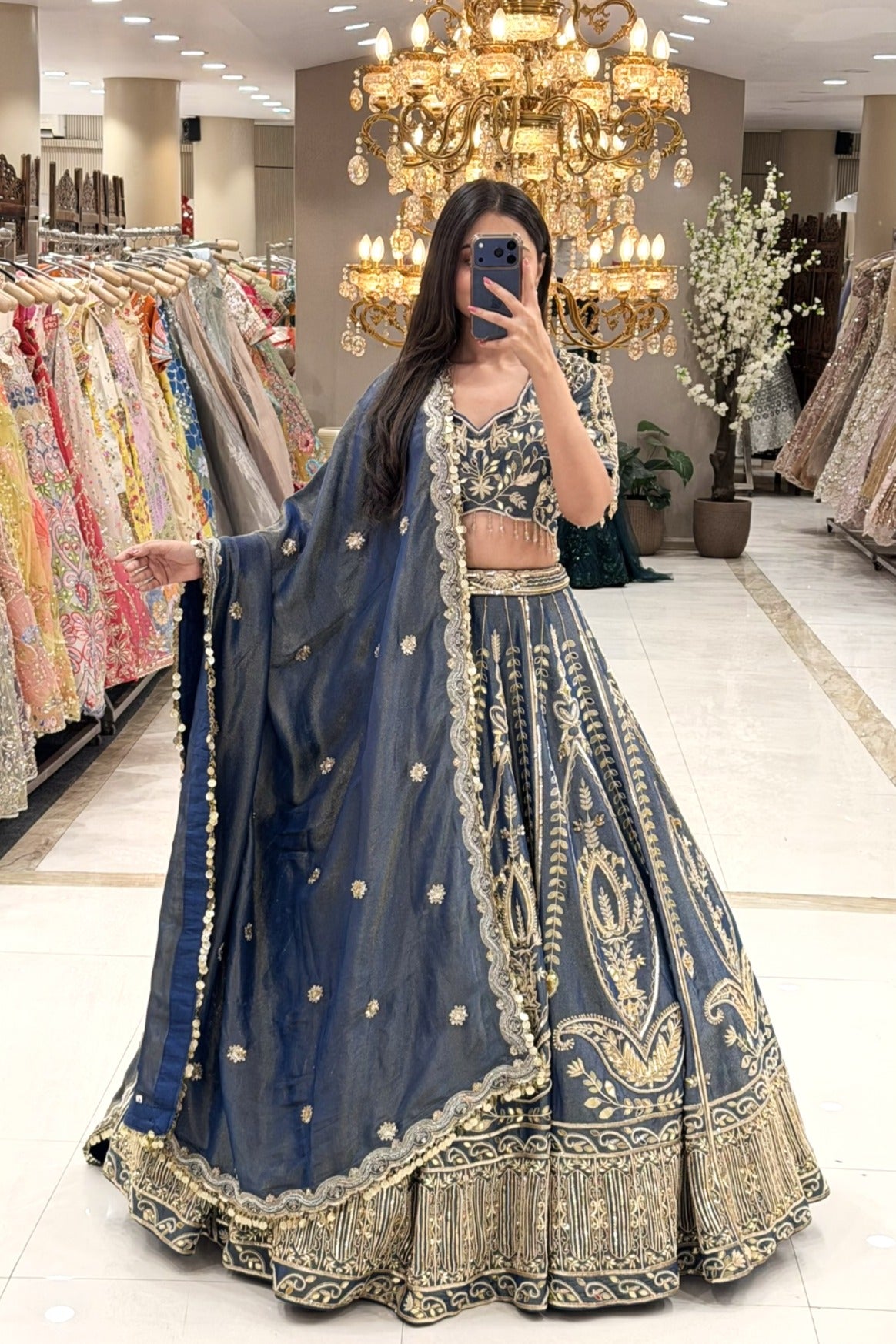 Navy blue lehenga set with gold zardozi skirt and scallop dupatta – reception wear Urban Dulhaniya