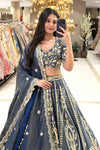 Navy blue zardozi lehenga blouse with gold embroidery and tassel hem – Urban Dulhaniya Pune