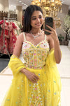Pearl corset blouse with sweetheart neckline and yellow net dupatta – haldi lehenga Urban Dulhaniya