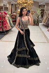 Black zardozi lehenga with tiered scallop skirt and gold embroidered straps – Urban Dulhaniya MG Road