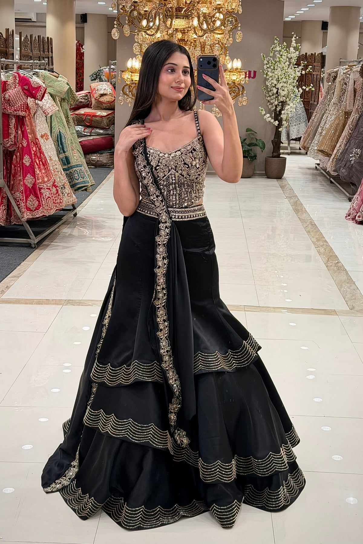 Black gold tiered lehenga with zardozi corset blouse and scallop border skirt – Urban Dulhaniya Pune