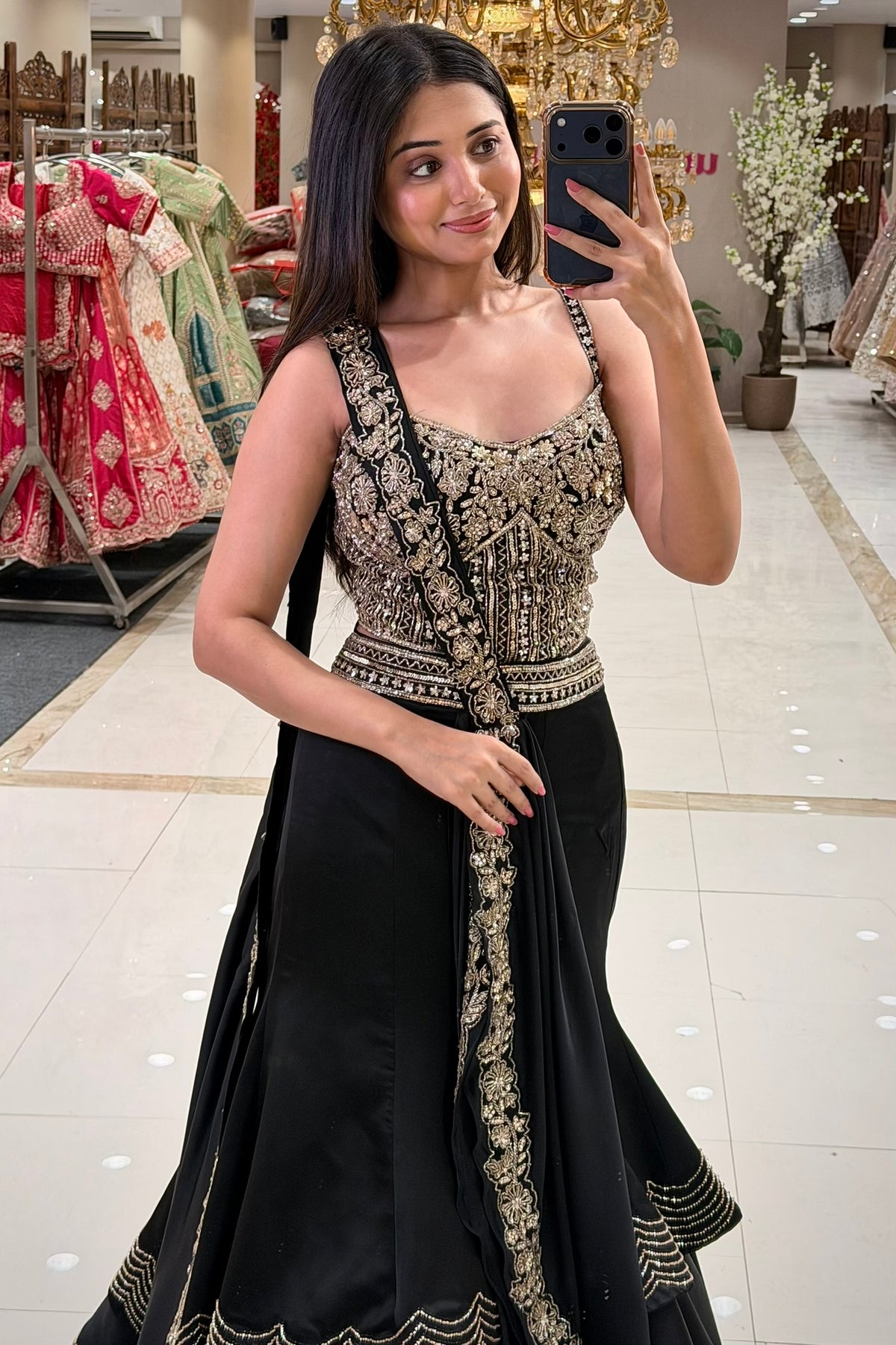 Black corset lehenga blouse with gold zardozi floral embroidery and embroidered dupatta – Urban Dulhaniya