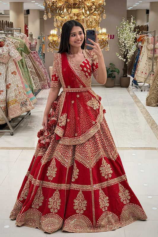 Red bridal lehenga with gold zardozi wrap blouse and pom pom dupatta – Urban Dulhaniya Pune.
Traditional red Indian bridal lehenga with gold cutdana – NRI bridal shopping at Urban Dulhaniya Pune