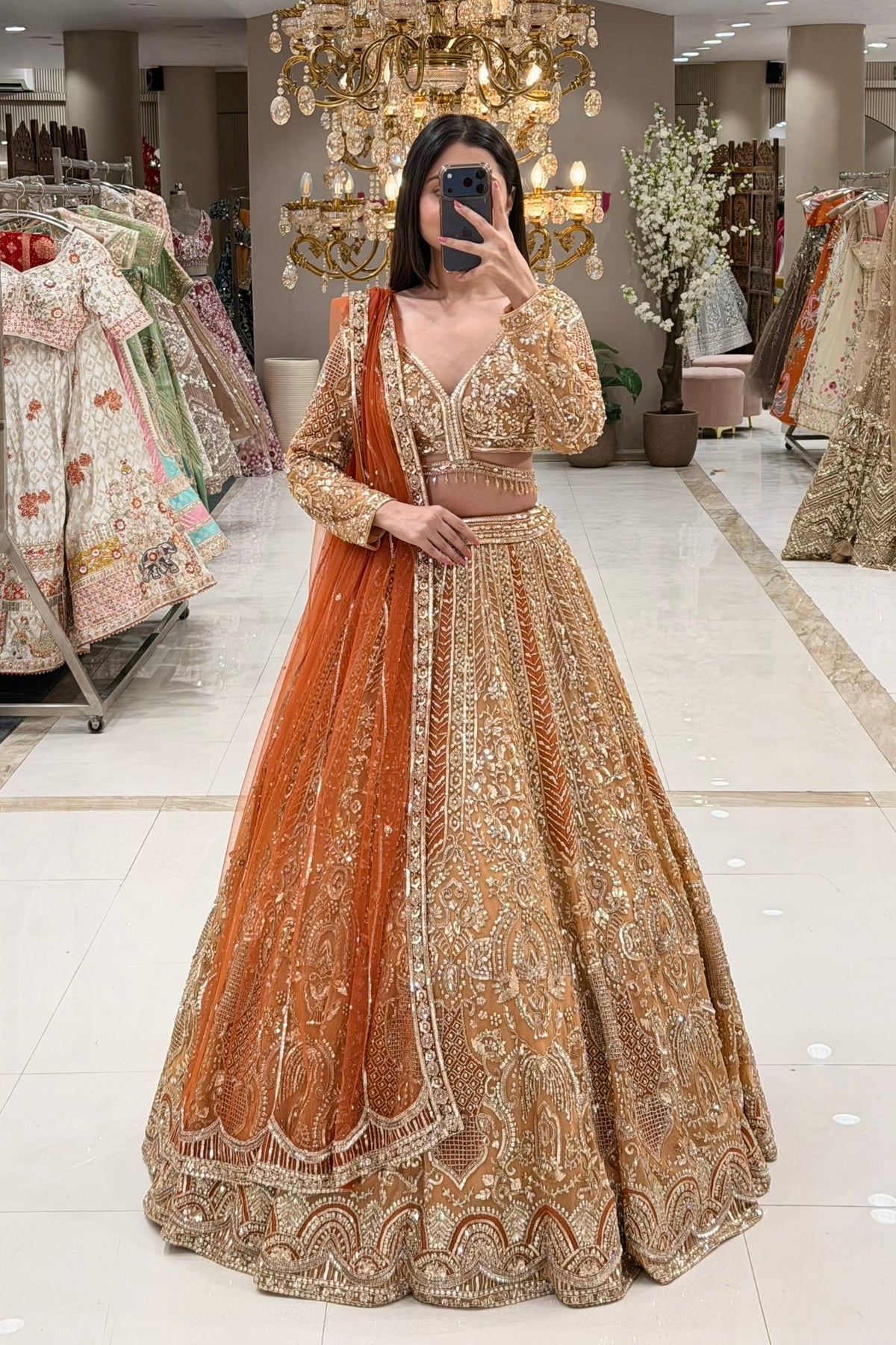 Rust gold heavy zardozi bridal lehenga with full sleeve blouse and rust net dupatta – Urban Dulhaniya