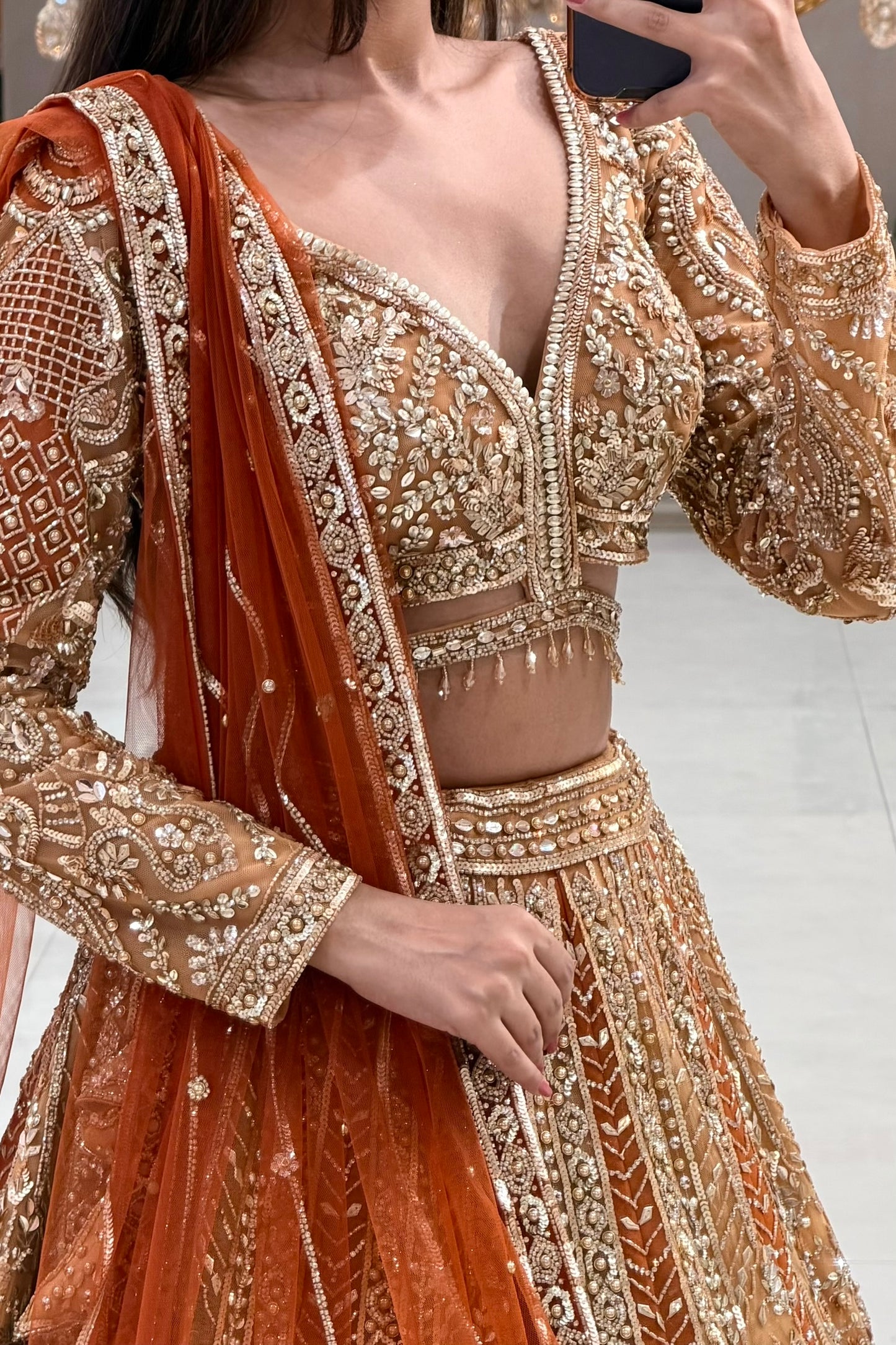 Deep V zardozi bridal blouse with crystal tassels, pearl work and embroidered waistband – Urban Dulhaniya