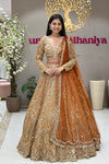 Rust gold heavy zardozi bridal lehenga with full sleeve blouse and rust net dupatta – Urban Dulhaniya