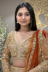 Woman in traditional embroidered outfit with floral and decorative background